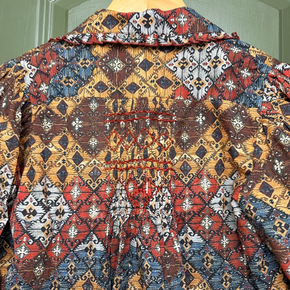 NWT Ro's Garden Gin Shirt Smocked Embroidered Boho Top Button Up Lachen Brown XS - Picture 5 of 6